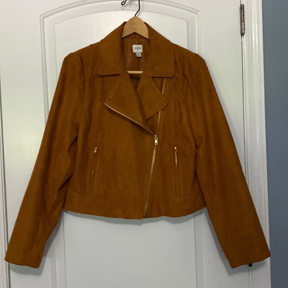 J. Crew suede moto jacket, brass zippers, rich caramel color, Size Medium